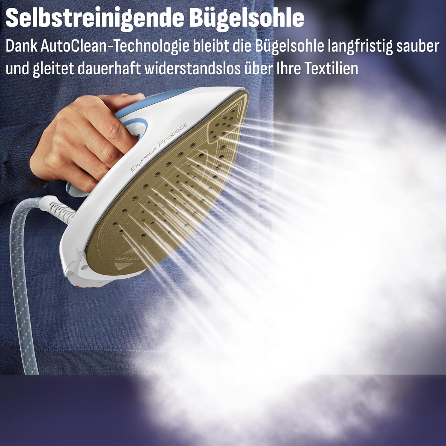 Tefal Dampfbügelstation Express Protect, leistungsstarker 7,5-Bar-Druck, Dampfstoß: 520 g/Min., 1,8 L Wassertank, Smart Temp-Technologie, Kalk-Kollektor, Bügeleisen Dampfstation, weiß/blau, SV9202