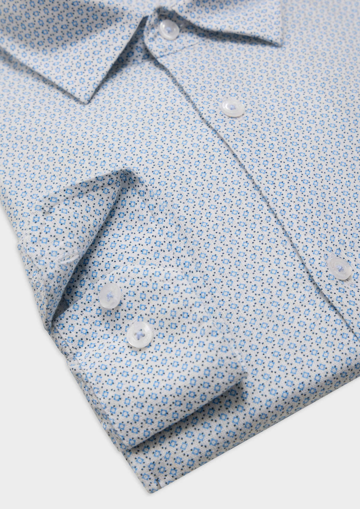 Chemise sport Slim en lin et coton blancs à motif fantaisie bleu ciel