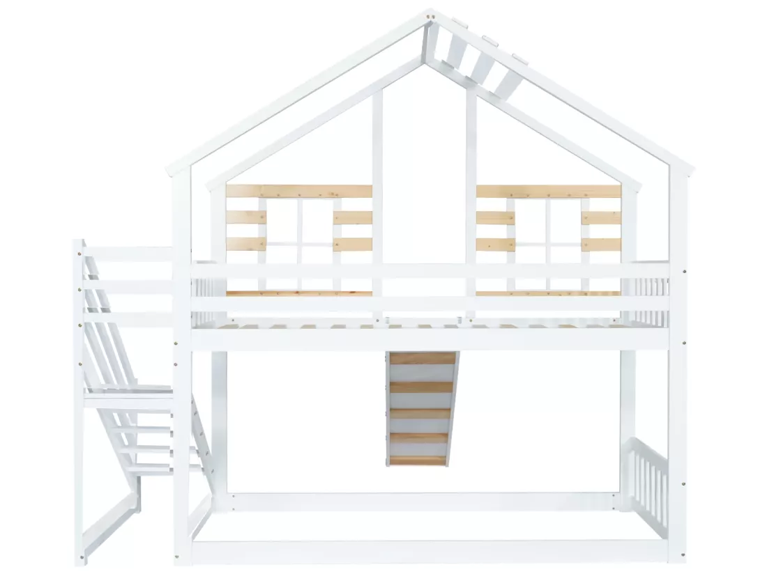 Lits superposés enfant 2x90x200cm, cadre en bois massif, décor avec fenêtre, avec toboggan et sommier à lattes, blanc