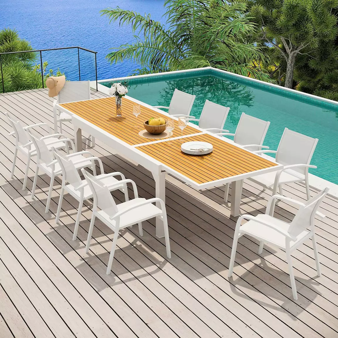 Table de jardin extensible en aluminium 12 places effet bois (200/320 x 100 cm) Murano Blanc