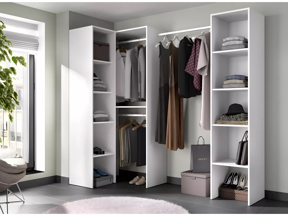 Kit armoire dressing d'angle en bois mélaminé coloris blanc - Longueur 226 x Profondeur 79 x Hauteur 185 cm