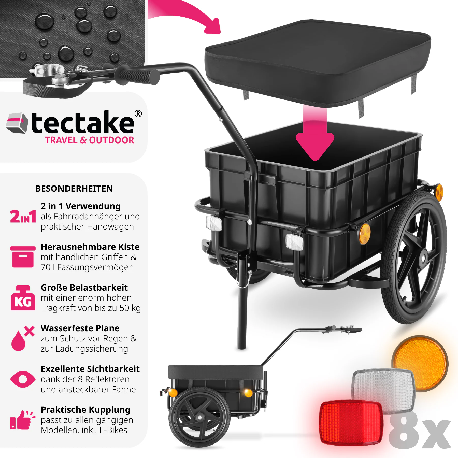 tectake® Fahrradanhänger, 2 in 1 multifunktional, luftgefüllte Profilreifen mit Kugellager, Belastbarkeit 50 kg, 70 Liter, ca. 148 x 64 x 81 cm