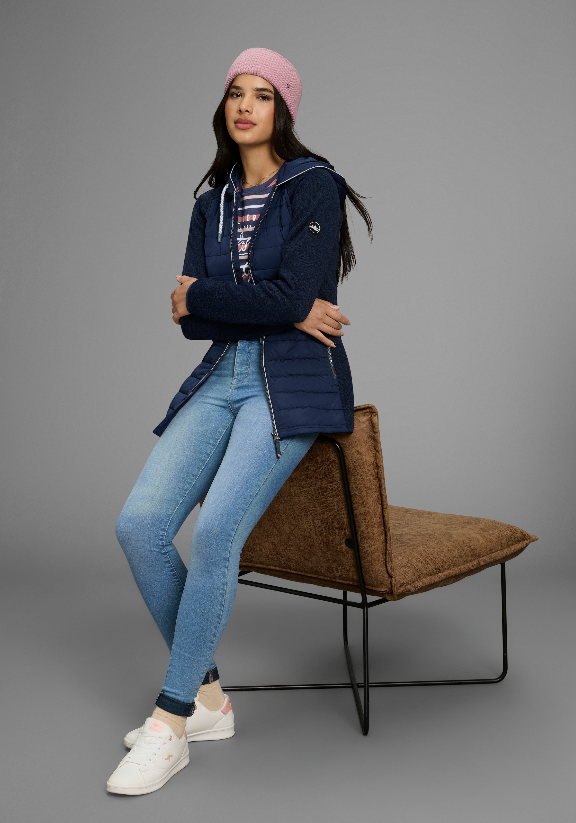 Polarino Strickfleecejacke mit Kapuze mit wattiertem Bereich-Hybridjacke, Übergangsjacke