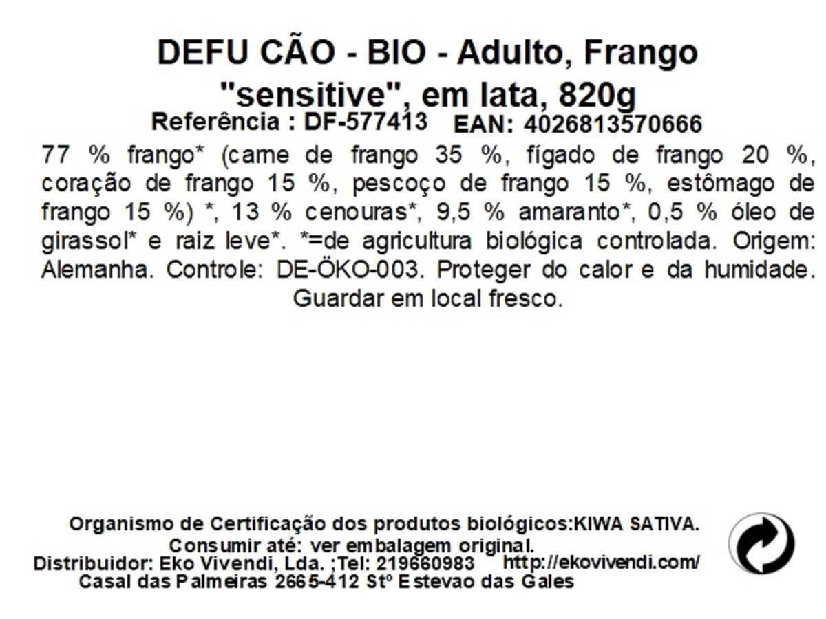 COMIDA HÚMIDA BIO CÃO DEFU SENSITIVE FRANGO 820G