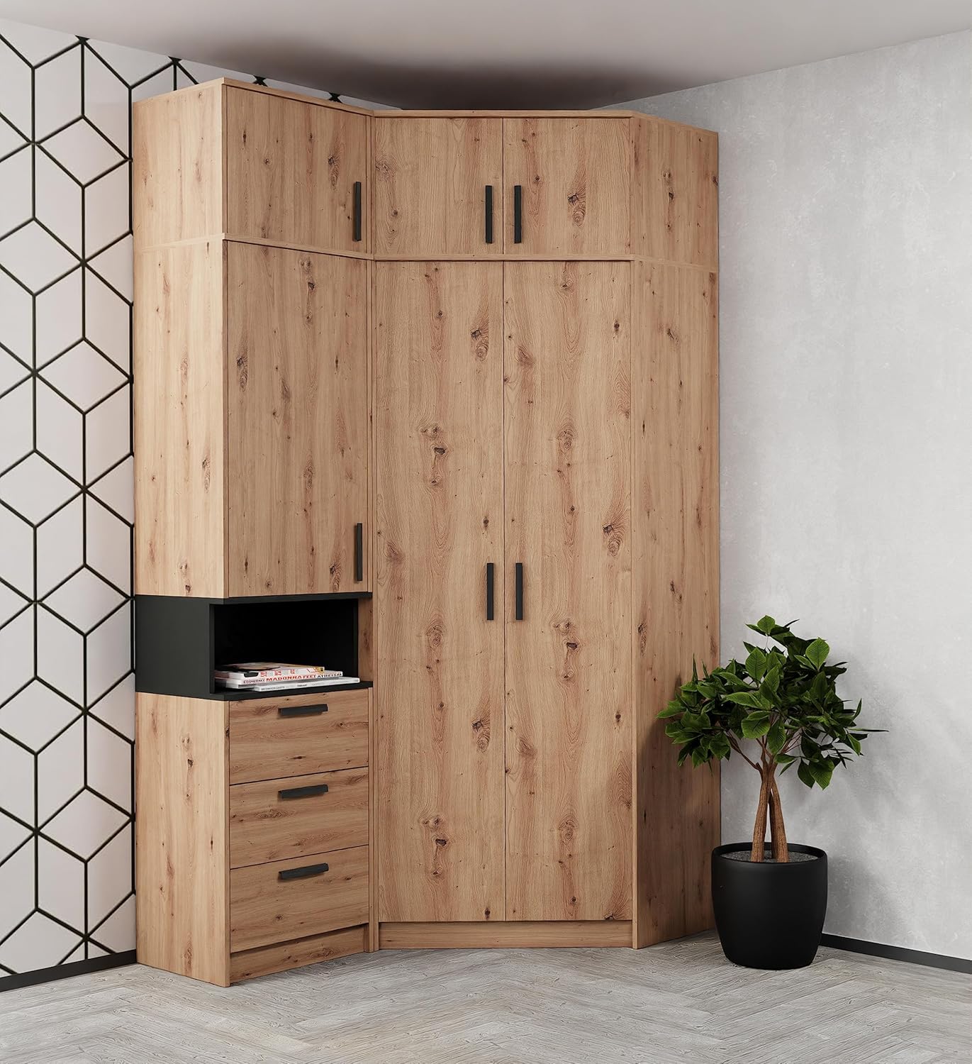 Marmex Grant Set 12A hohe Eckgarderobe, geräumiger Eckschrank Schrank mit Regal und Aufsätzen für den Flur Schlafzimmer Jugendzimmer Artisan+schwarz