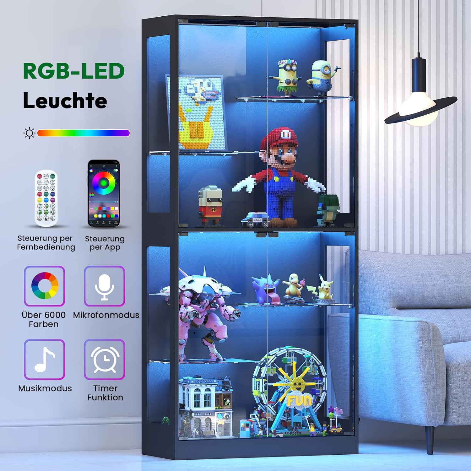 Glasvitrine Stehend 175 cm mit RGB-LED Beleuchtung – Höhenverstellbarer Vitrinenschrank mit Sicherheitstemperglas & Magnetverschluss | Für Sammlungen im Wohnzimmer (Schwarz)