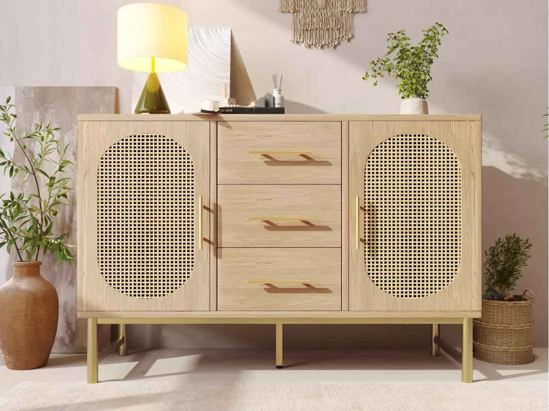 Commode 2 portes et 3 tiroirs - panneaux de particules - Naturel