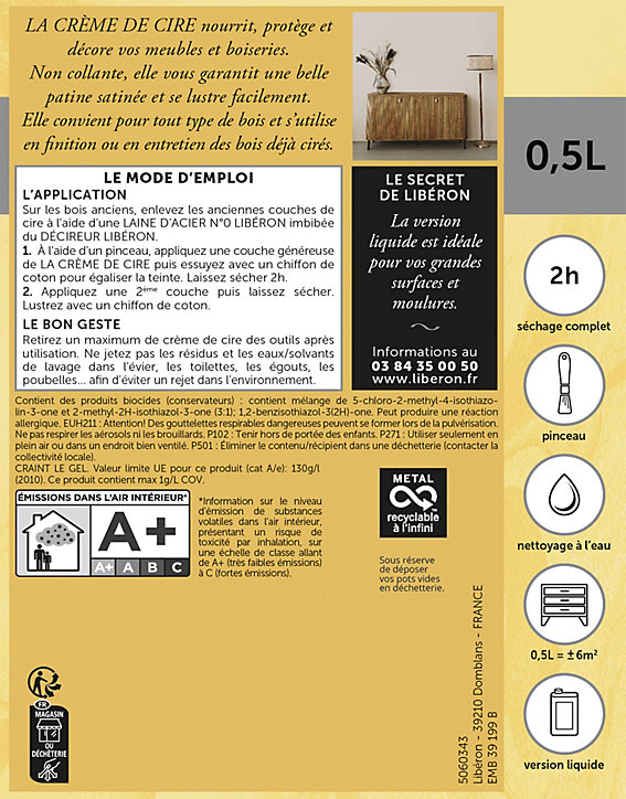 Crème de cire meubles et boiseries liquide Libéron chêne doré 500ml