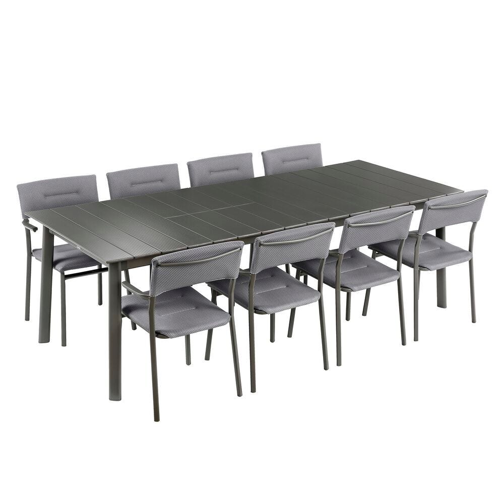 Set 1 ausziehbarer Gartentisch ALU und 8 Gartensessel Oron Aluminium-Latten Silver