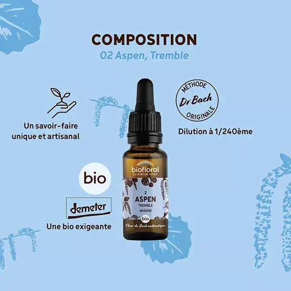 Florais de Bach Biofloral 02 Aspen Aspen Dropper Orgânico Demeter 20 ml