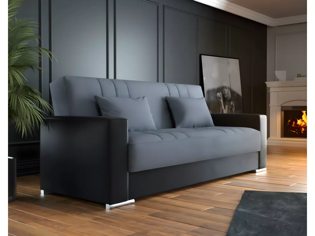 Canapé Sergio, Canapé conteneur 3 places en éco-cuir et tissu, Canapé de salon avec ouverture clic-clac et 2 coussins inclus, 230x96h101 cm, Noir et Gris