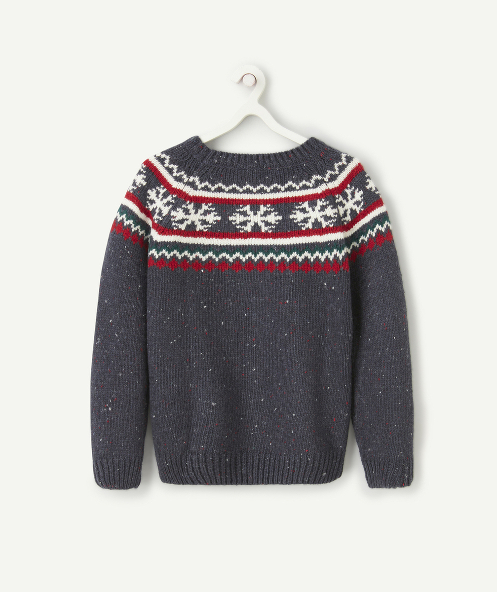 PULL DE NOËL GARÇON EN TRICOT JACQUARD BLEU MARINE MOUCHETÉ