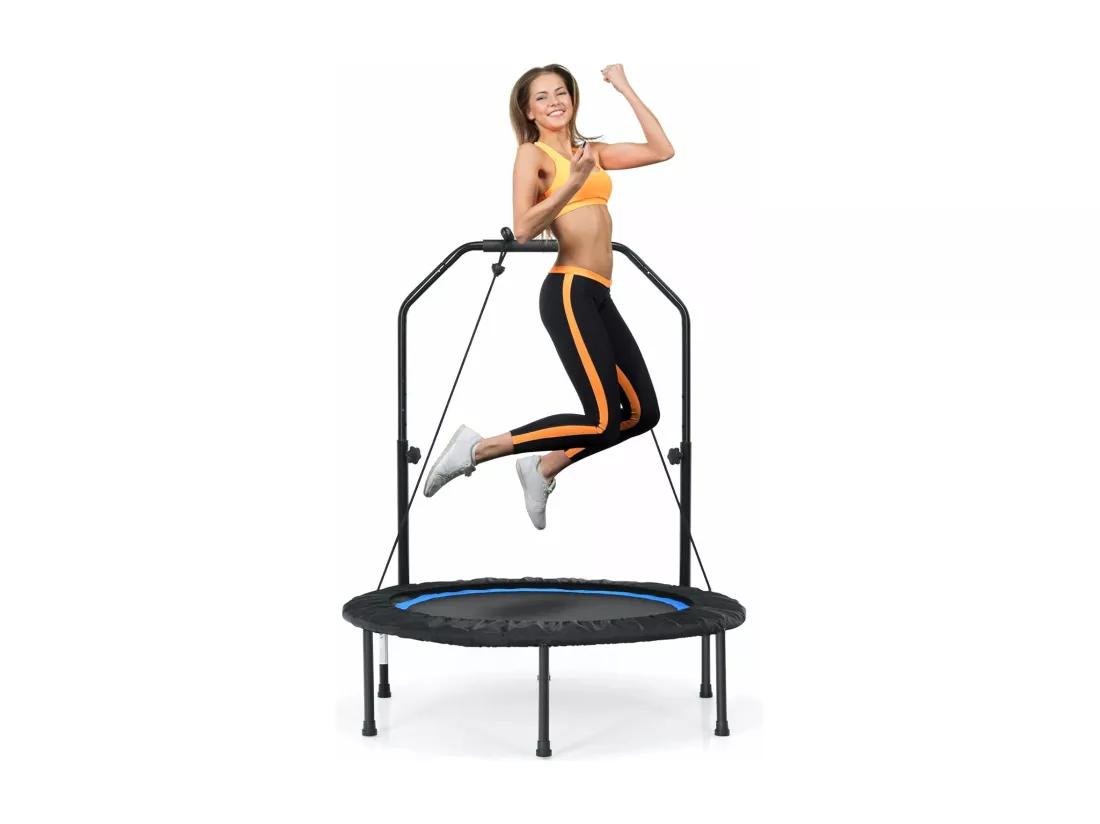Trampoline de Fitness Pliable 101cm avec 2 Bandes de Résistance Main Courante Hauteur Réglable Charge 150 kg pour Enfants
