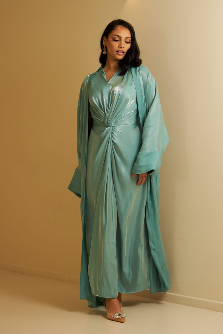 Ensemble 2 pièces abaya + gilet turquoise satinée