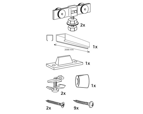TopLine 8 schuifdeur complete set voor één schuifdeur, 2000 mm, zilver geanodiseerd