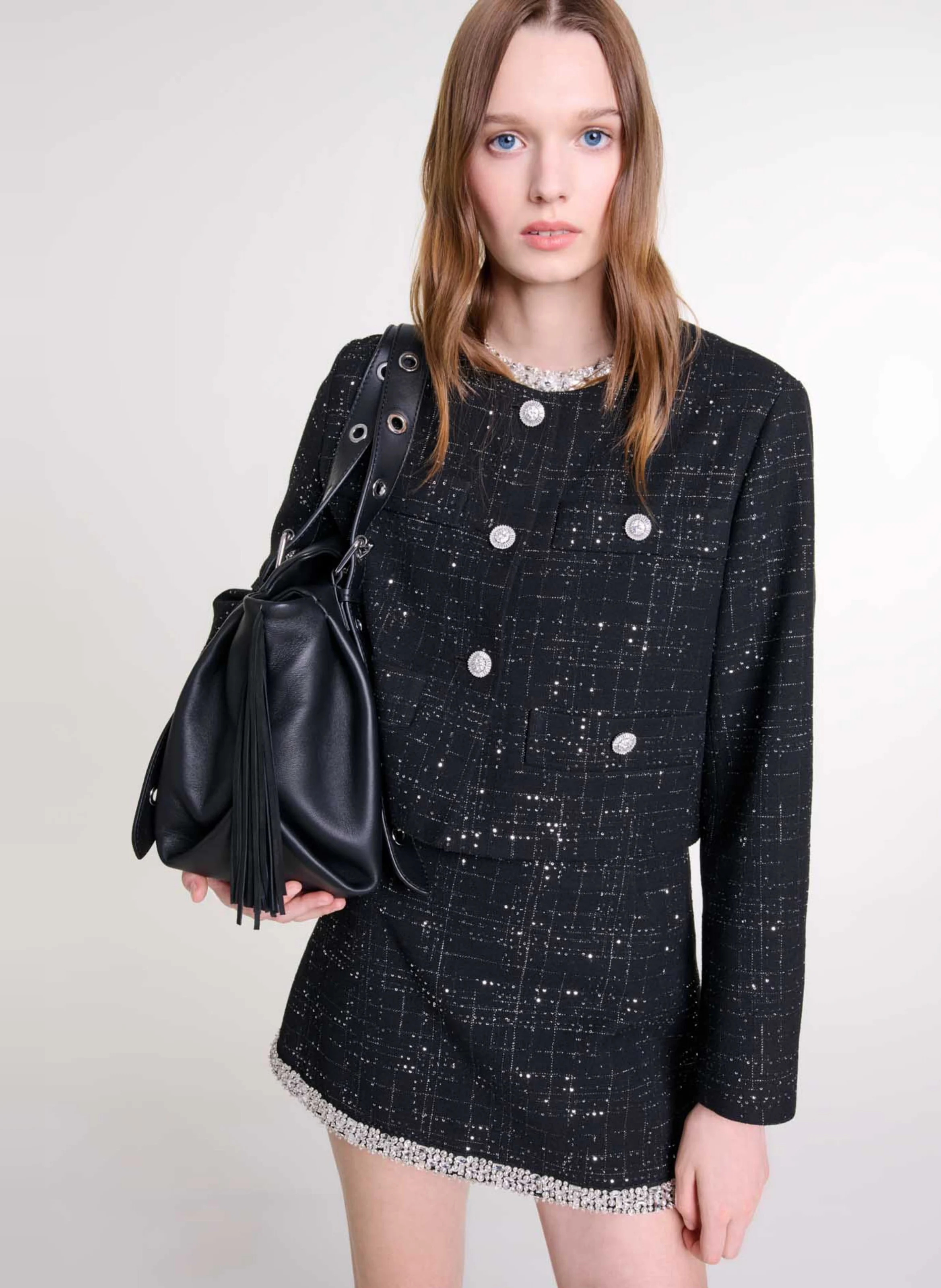 Veste courte brodée à strass | Noir