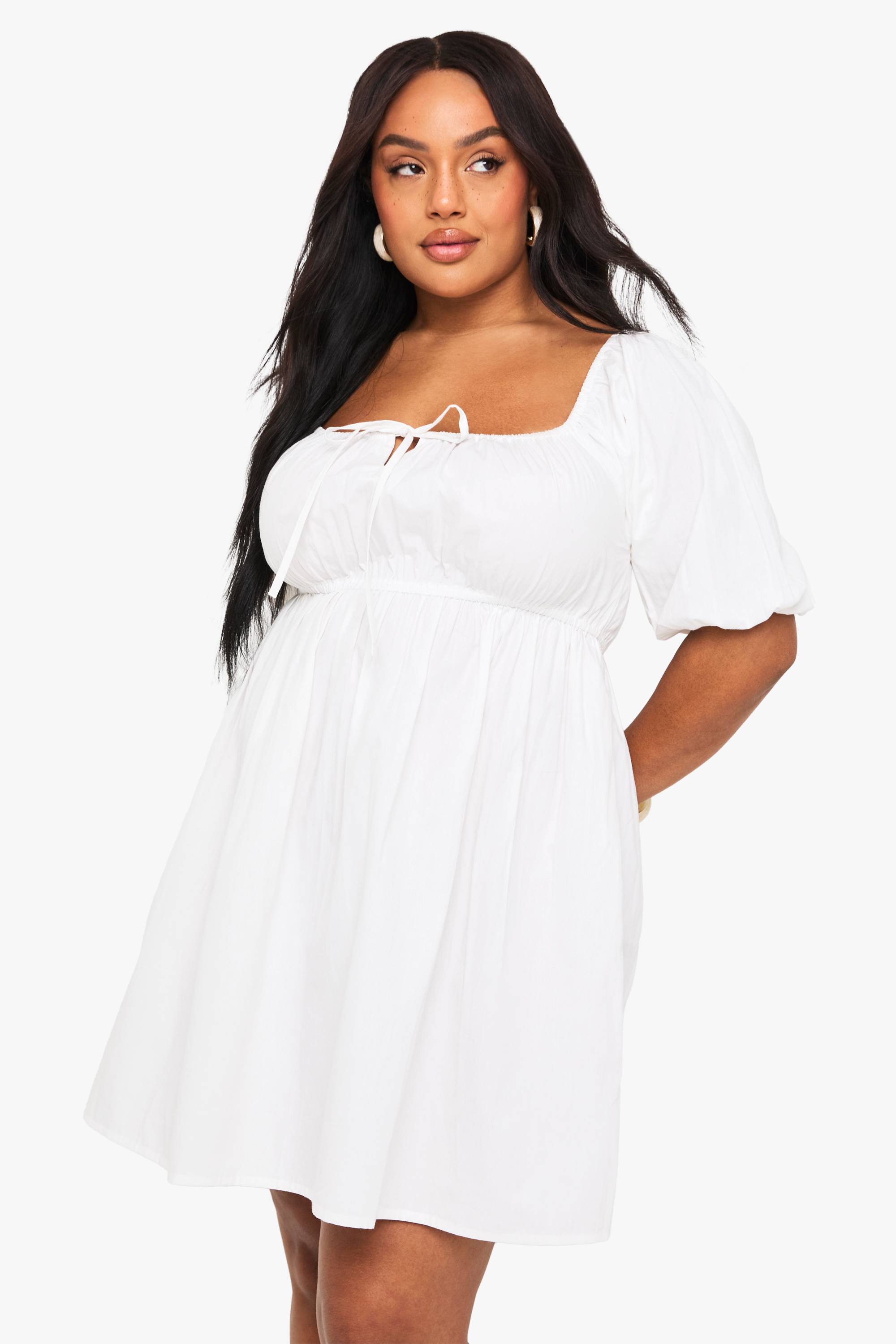 boohoo Plus Tie Front Pleated Cotton Skater Dress
