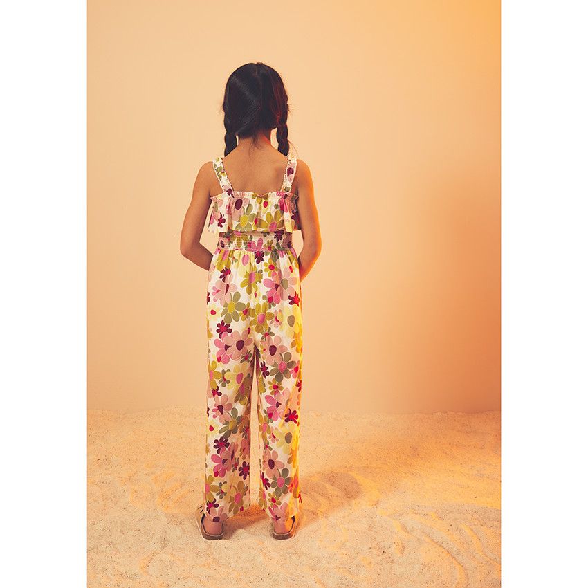 Combinaison longue volantée à smock imprimé fleurs pour fille - Blanc