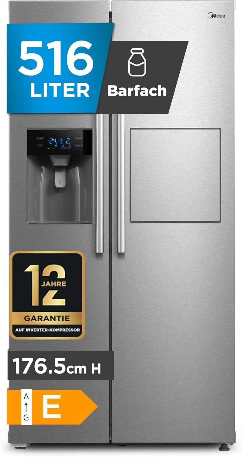 Midea KS-EIX 6.23 Side-by-Side Kühl-gefrierkombination/178,8 cm hoch/No Frost/Inverter Compressor/mit Barfach/Wasser-/Eisspender mit Festwasseranschluss/Twin Control