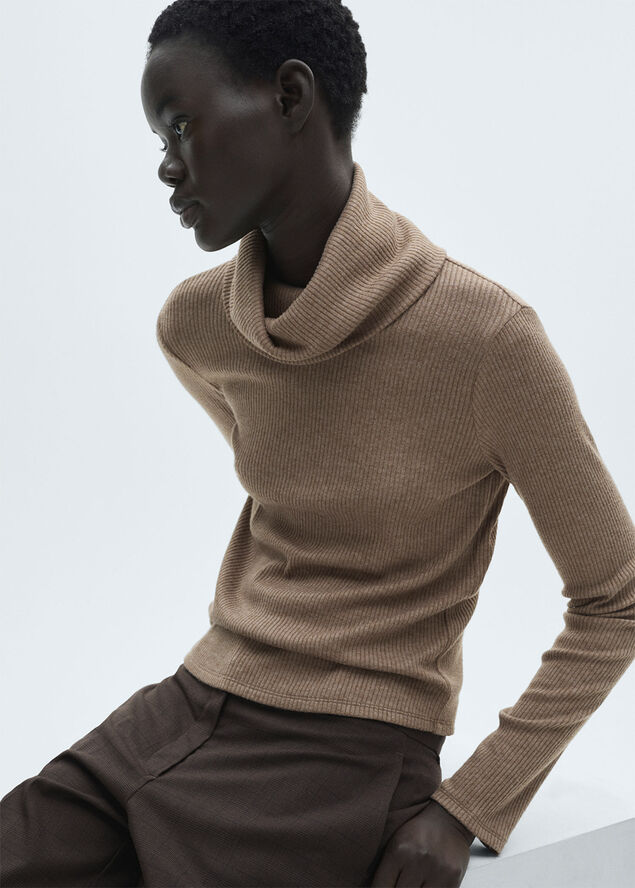 MANGO Ribbed turtleneck t-shirt Brown