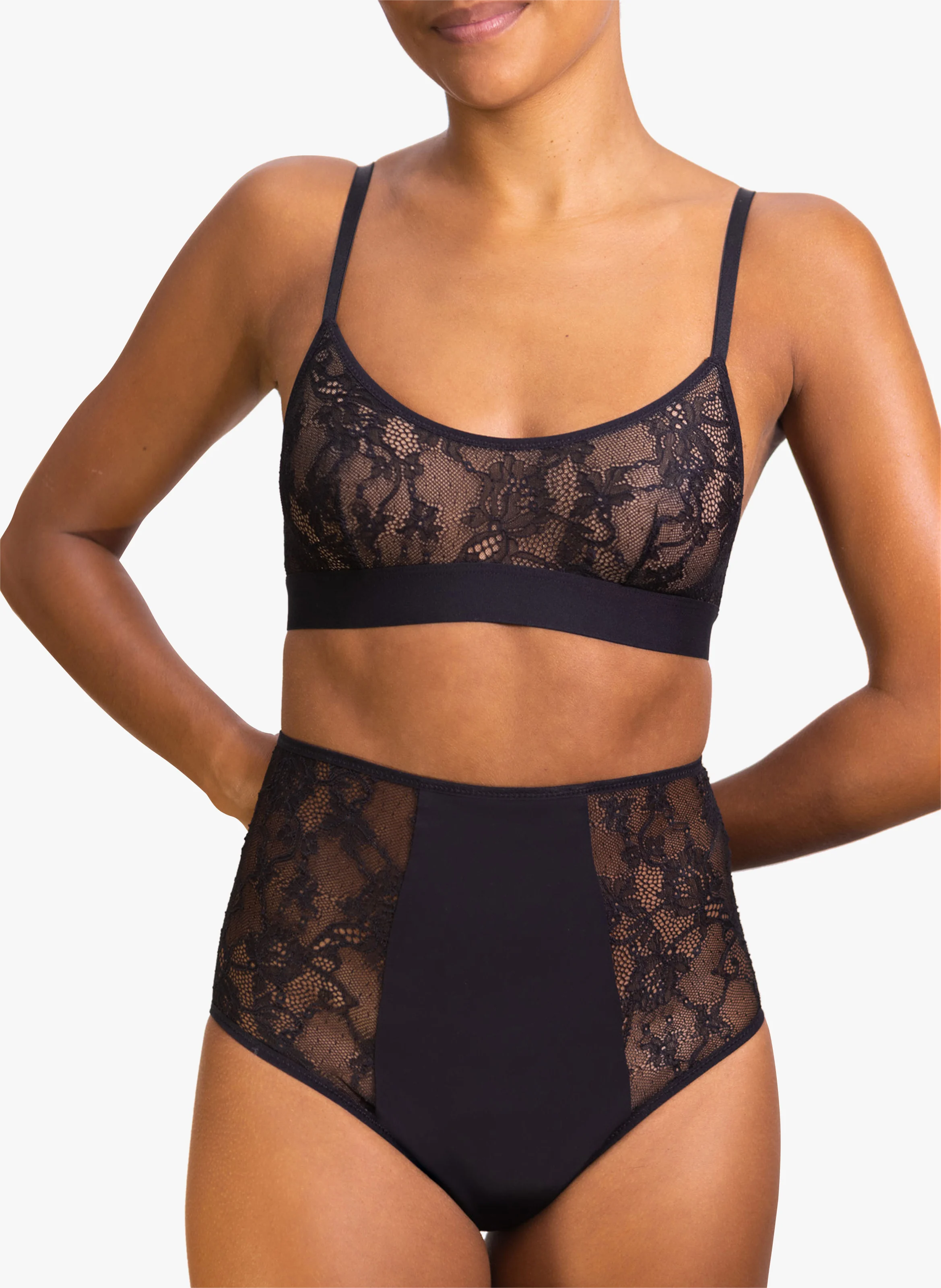 RHEA - Culotte menstruelle taille haute flux moyen en dentelles | Noir