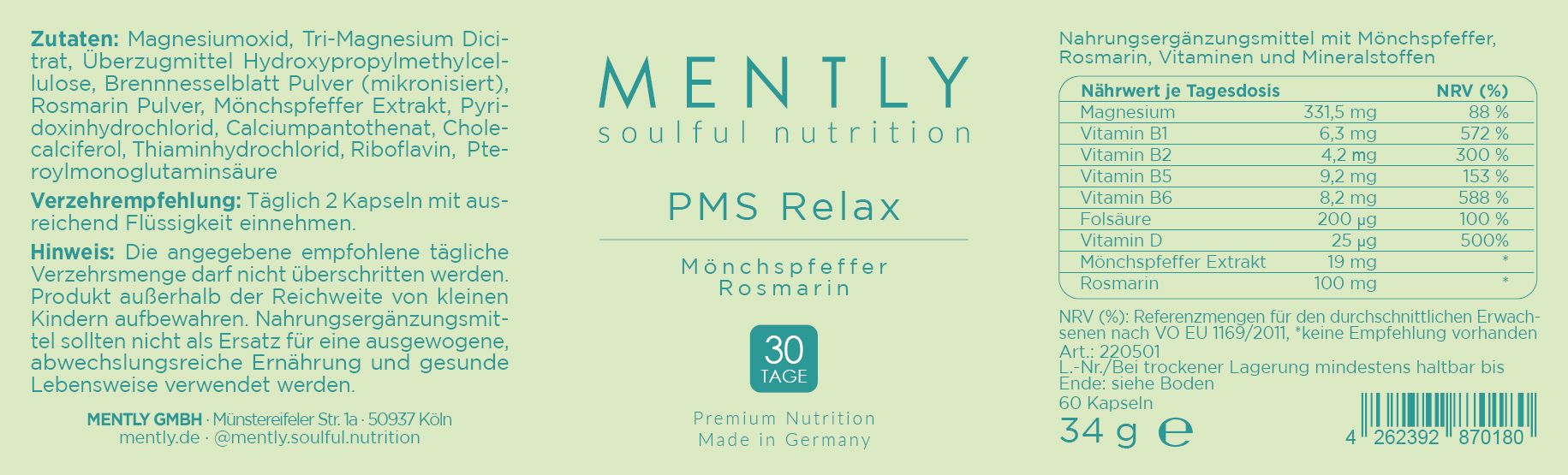 MENTLY PMS Relax mit Mönchspfeffer & Vitamin B6