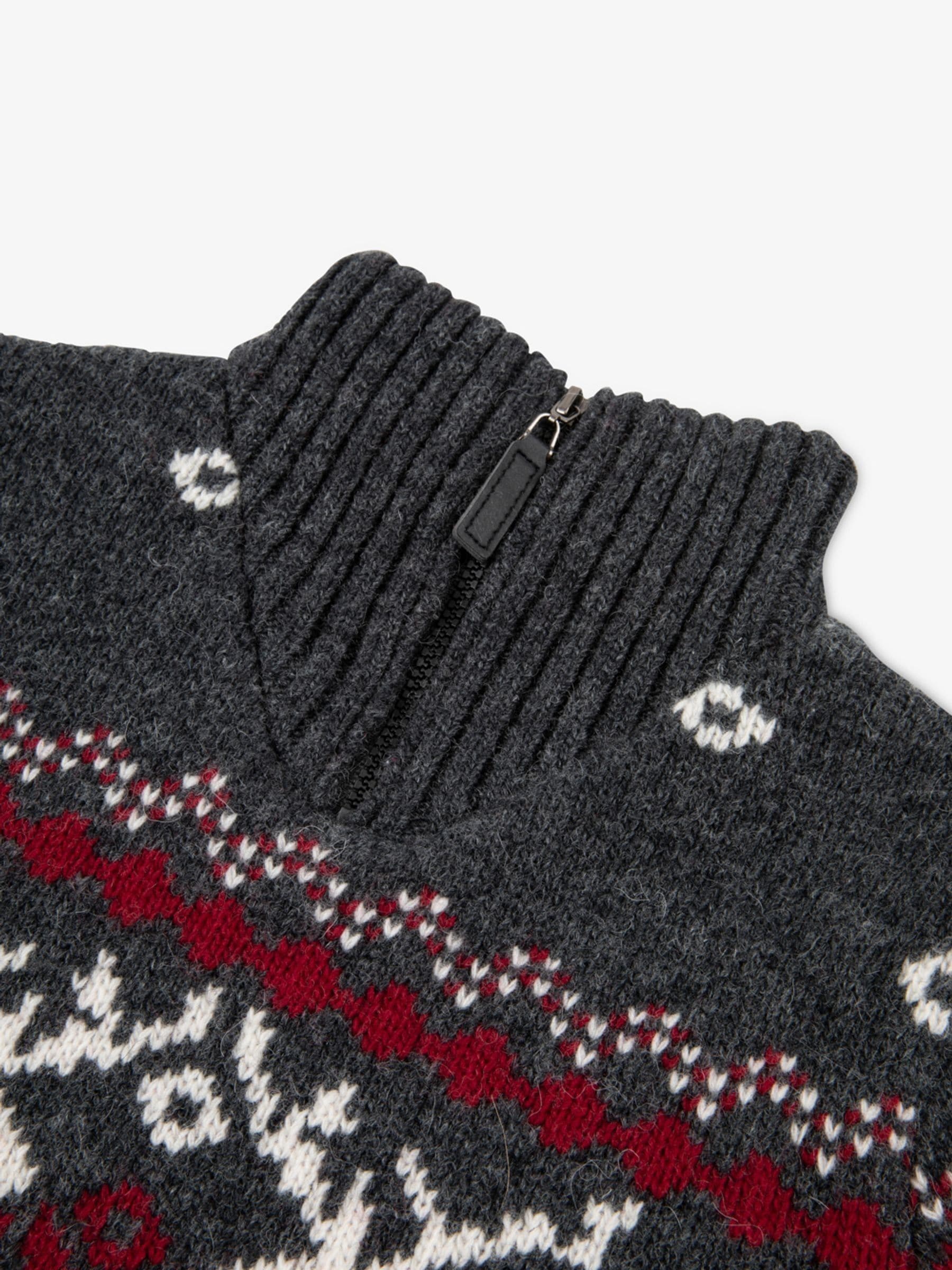 The Little Tailor - Grijze kersttrui met feestelijke fairisle en rits bij de hals voor kinderen