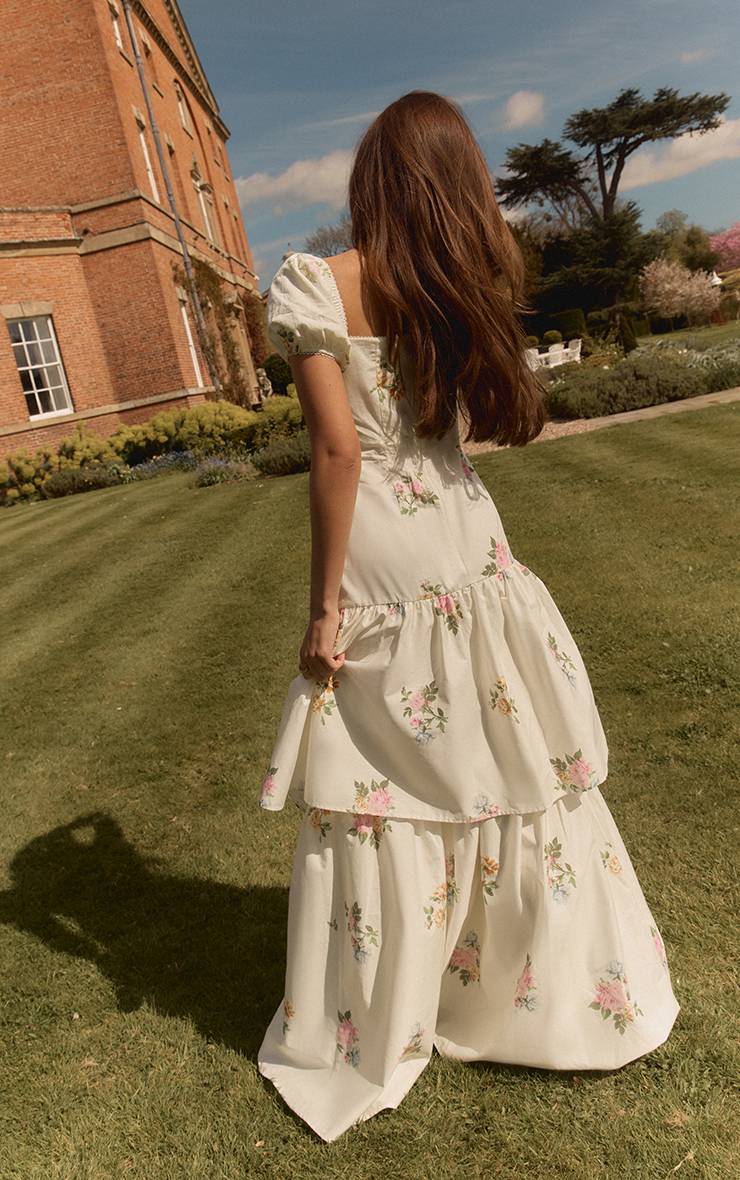 Crème Robe Maxi À Volants En Coton Imprimé Fleuri