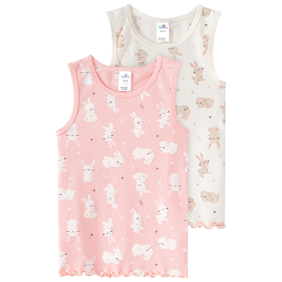 Topomini 2 Baby Unterhemden mit Hasen-Allover rosa / cremeweiss
