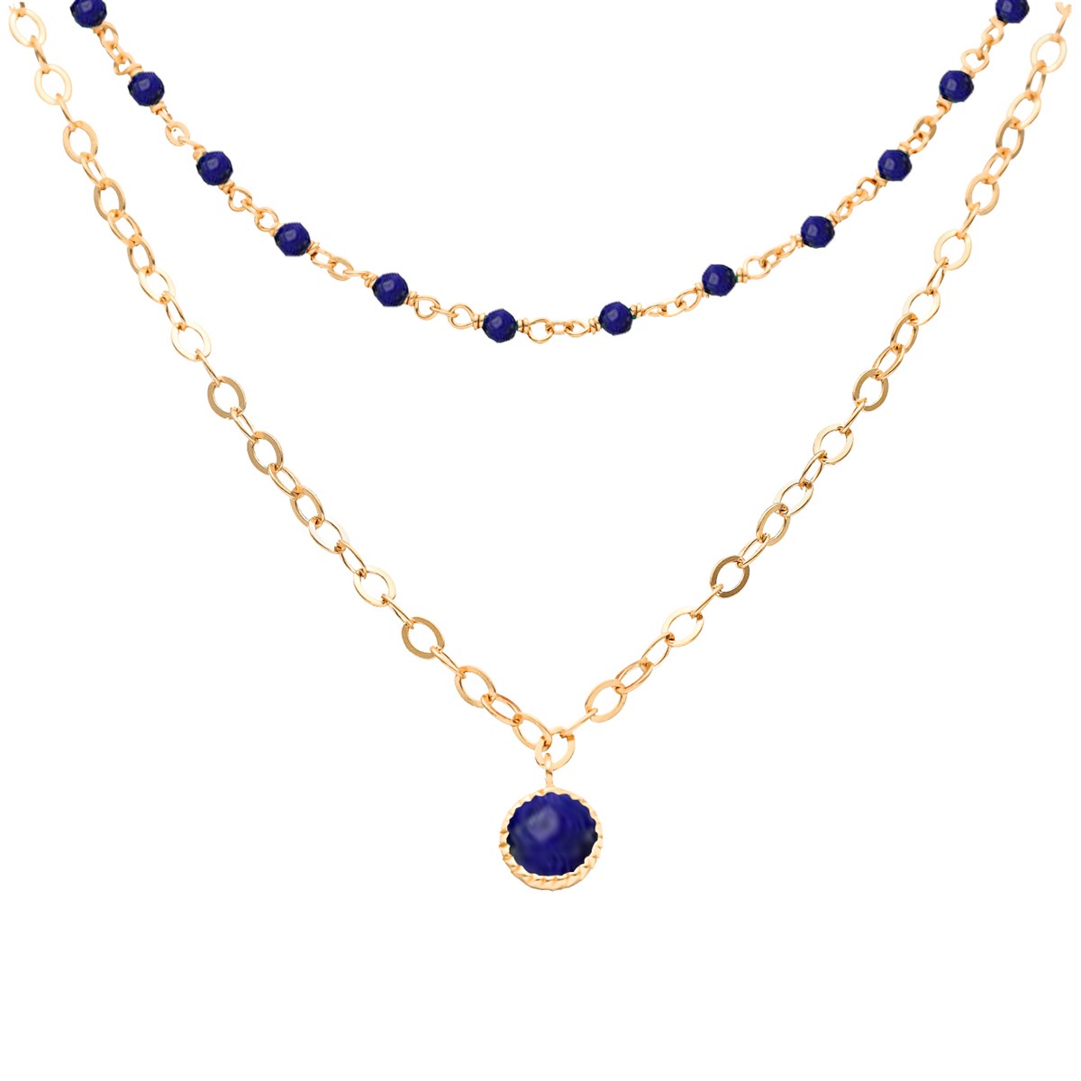 Collier Argent Doré Double Chaine Pampille Et Pierres Lapis