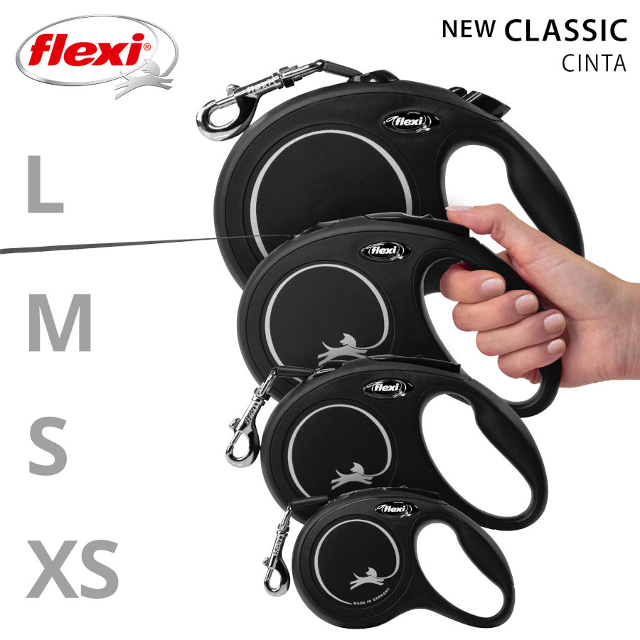 Guia extensível Flexi New Classic preta para cães
