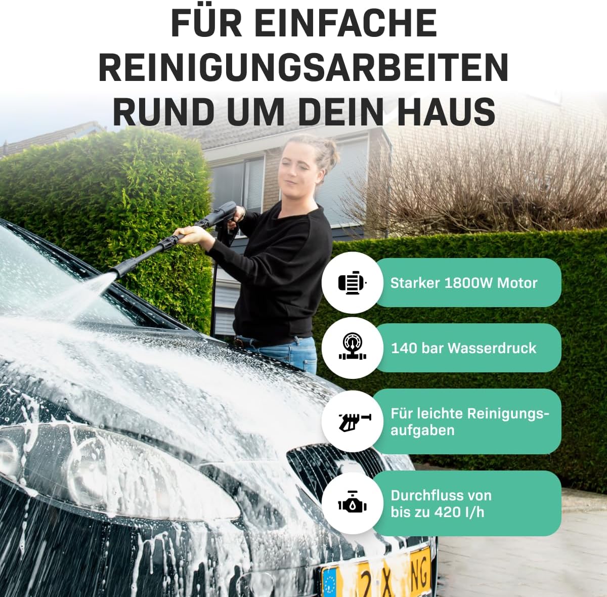 VONROC Hochdruckreiniger 140bar - Fassadenreiniger für mittlere Reinigungsarbeiten [1800W] - Durchfluss [420 l/h], Reinigungstank, Aluminium Pumpe - inkl. Terassenreiniger