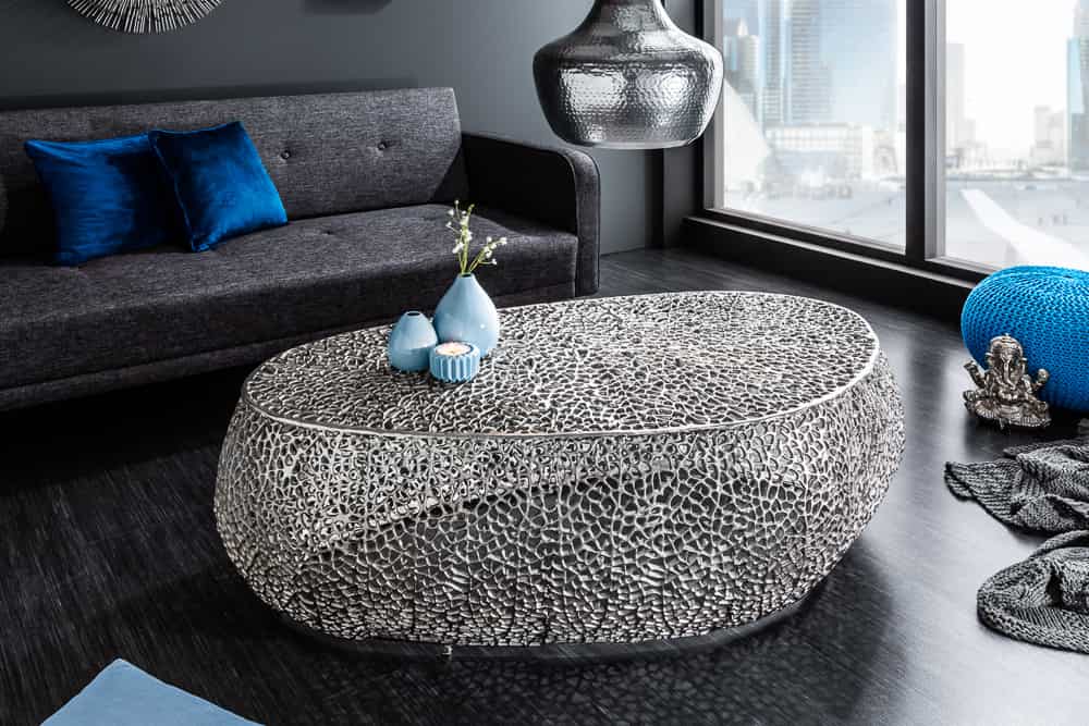 Filigraner Design Couchtisch ABSTRACT LEAF 130cm silber Handarbeit