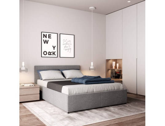 TERRE DE NUIT - Lit coffre avec tête de lit + sommier gris clair