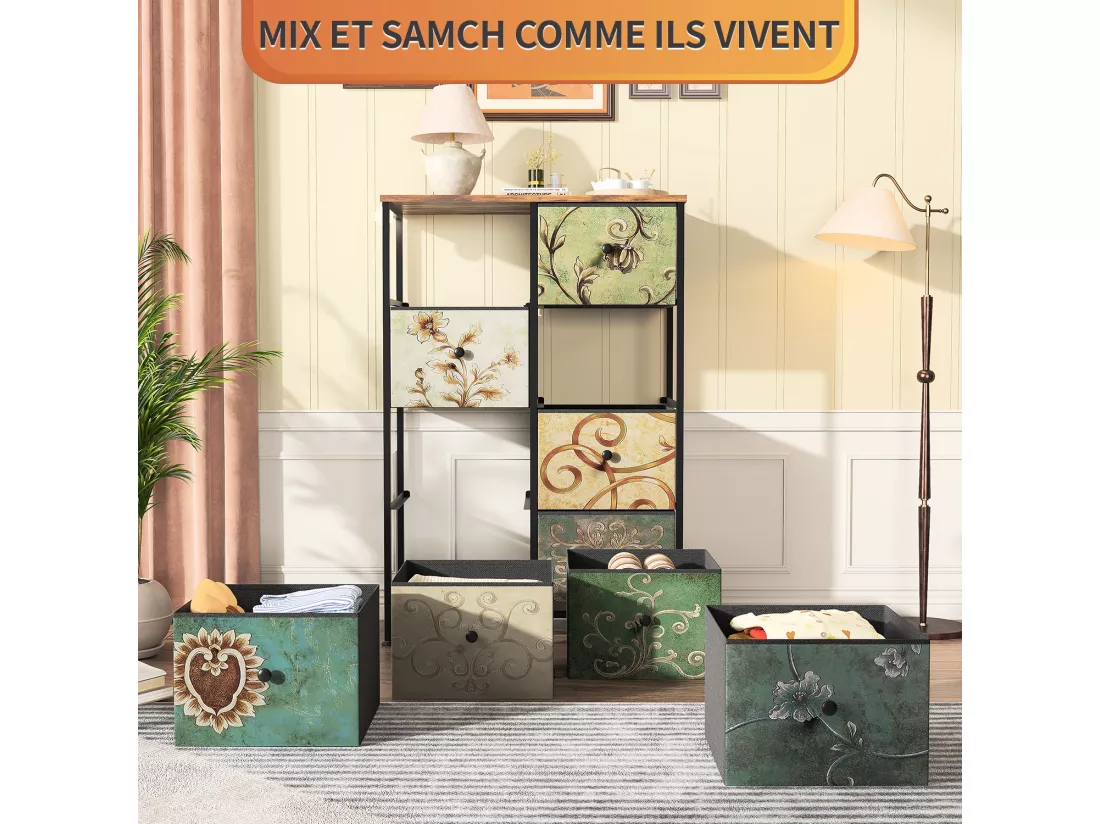 Commode 8 Tiroirs 67.5x30x100cm - Cadre en Métal, Tiroirs avec Poignées en tissu - Motifs Rétros - Noir