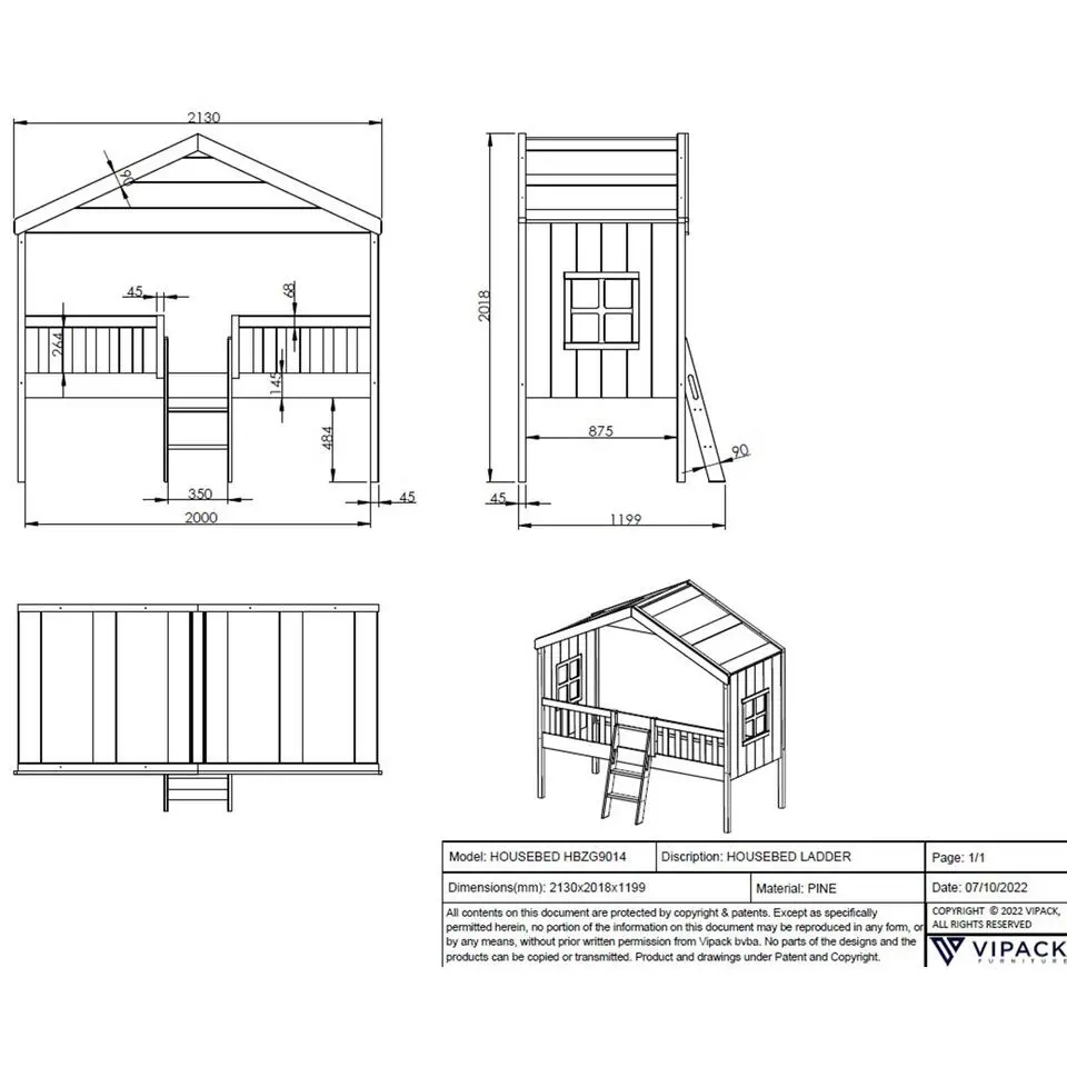 Bedhuisje Senna met ladder 90x200 cm - wit