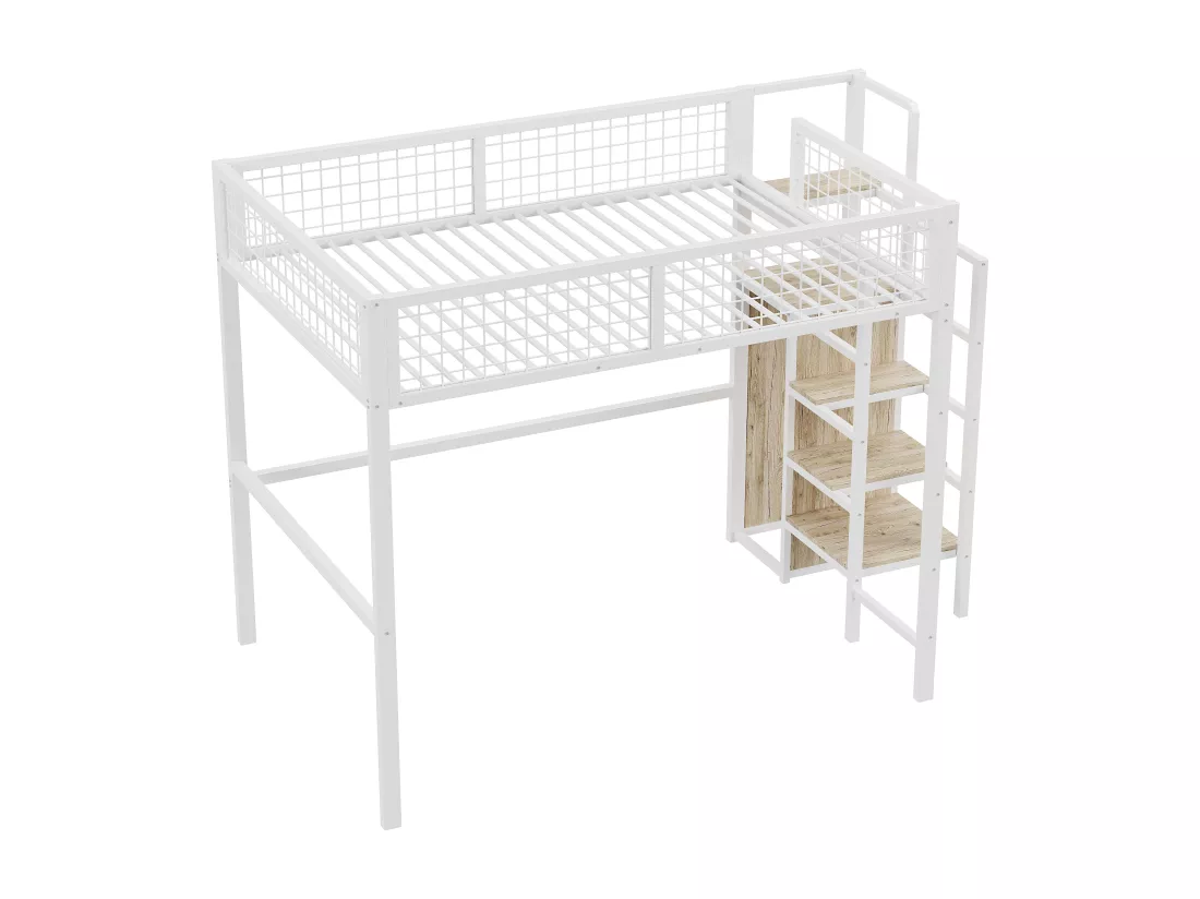 Lit mezzanine enfant 140x200 cm avec structure en fer - avec échelle de rangement et une penderie - Blanc