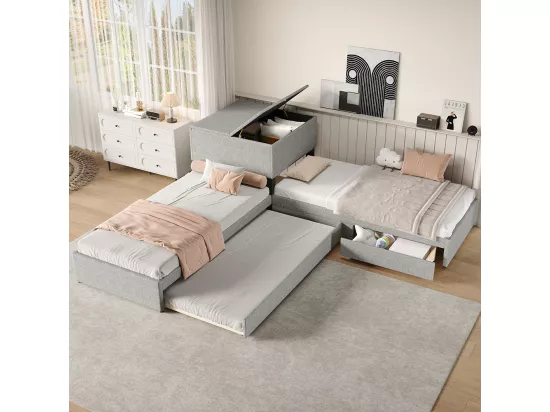 Lit gigogne 90x200 cm lit d'angle deux lits simples lit fonctionnel avec espace de rangement avec armoire et tiroir Lin Gris