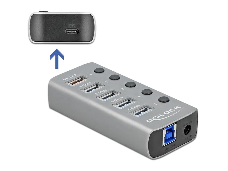 Delock USB-Hub 63263 USB 3.0 - 4x USB-A / 2x Ladeanschluss USB-Hub mit einzeln aktivierbaren Anschlüssen