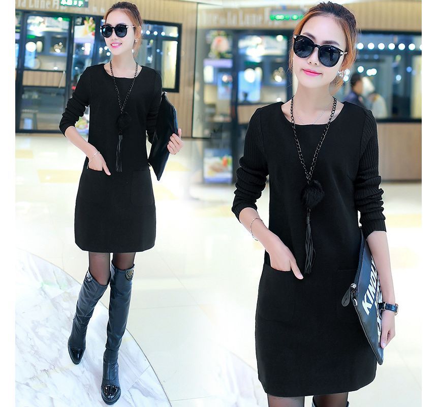Enpheriado - Mock Two-Piece Long-Sleeve Two-Tone Mini A-Line Dress