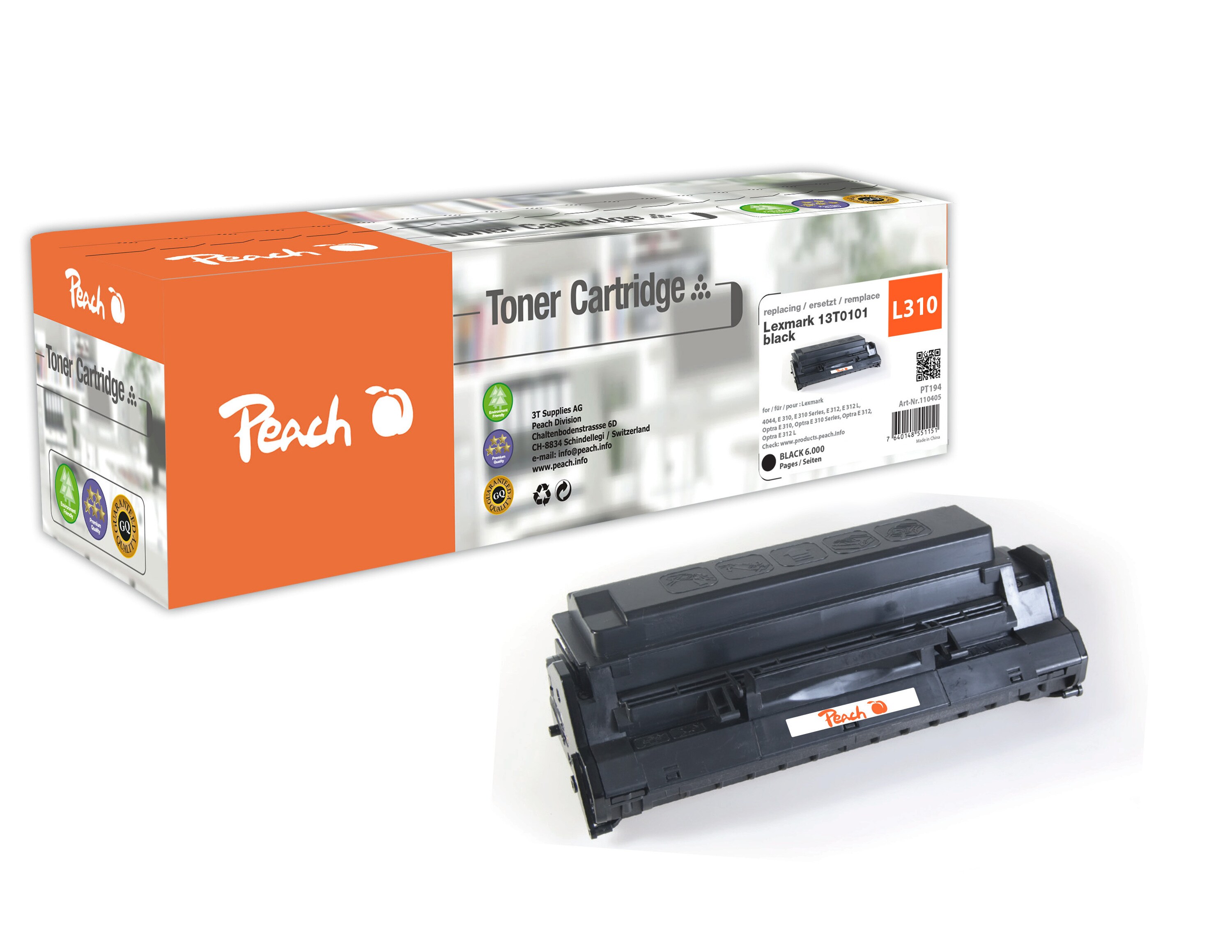 Peach L310Toner bk ersetzt Lexmark No. 310, No. 312BK, 13T0101 für z.B. Lexmark 4044, Lexmark E 310, Lexmark E 312, Lexmark E 312 L (wiederaufbereitet)