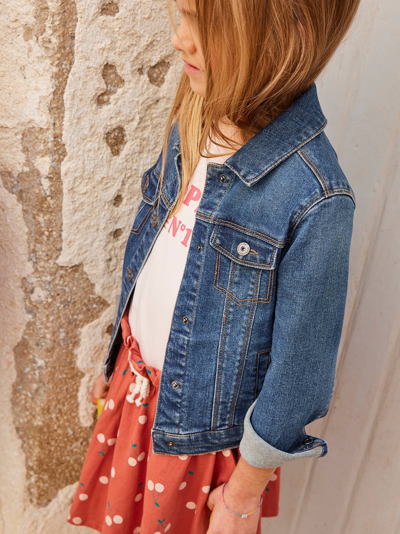 Jaqueta jeans azul-escura lavada para meninas