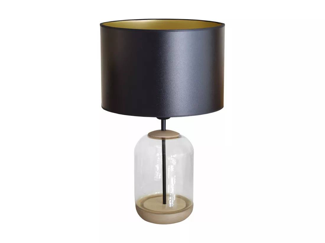 Lampe de chevet cylindre bois,verre,transparent,noir or 50 cm.