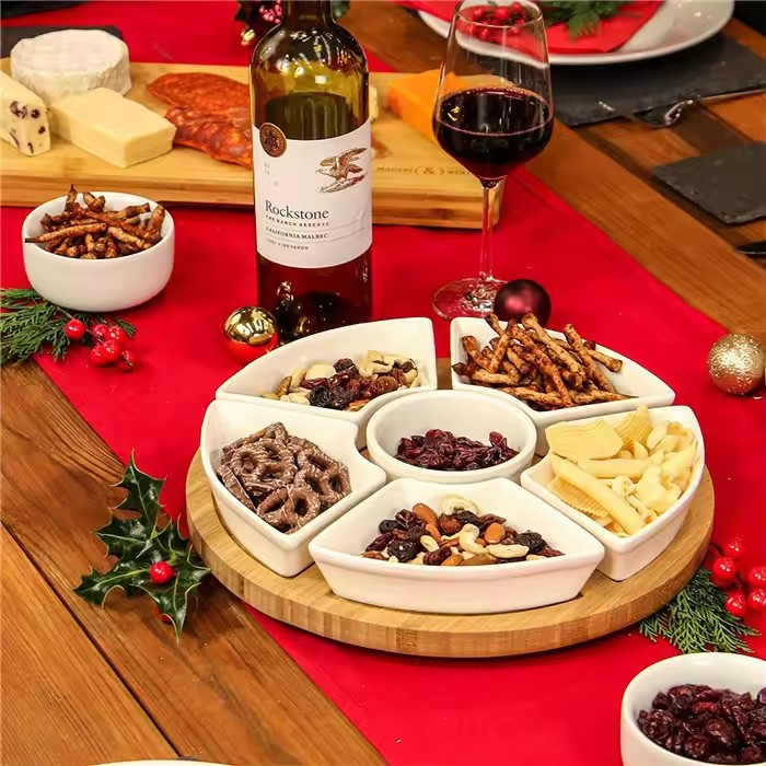 (7-tlg. Set) Ø29cm Keramik Servier Schalen Apéro Drehteller Snack Schälchen inkl. Holz Serviertablett für Tapas / Bowls / Dessert