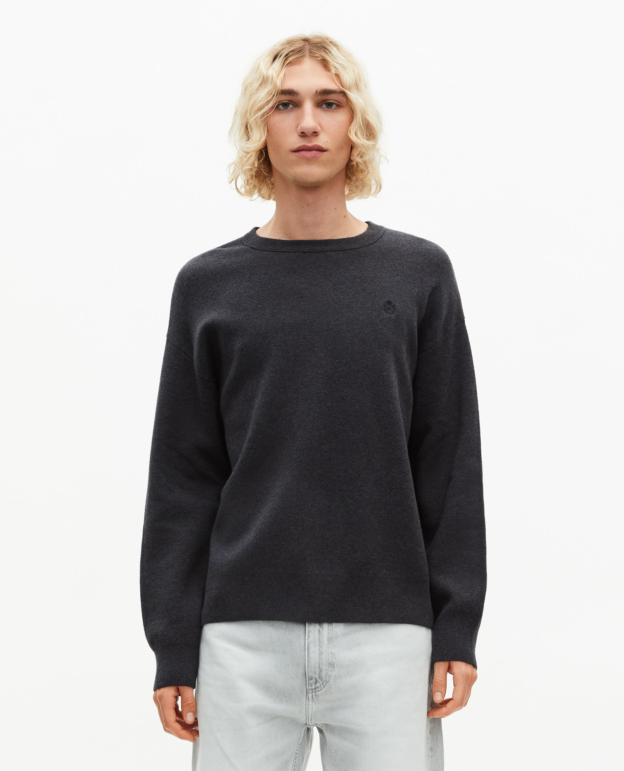 Pull col rond en laine double face gris