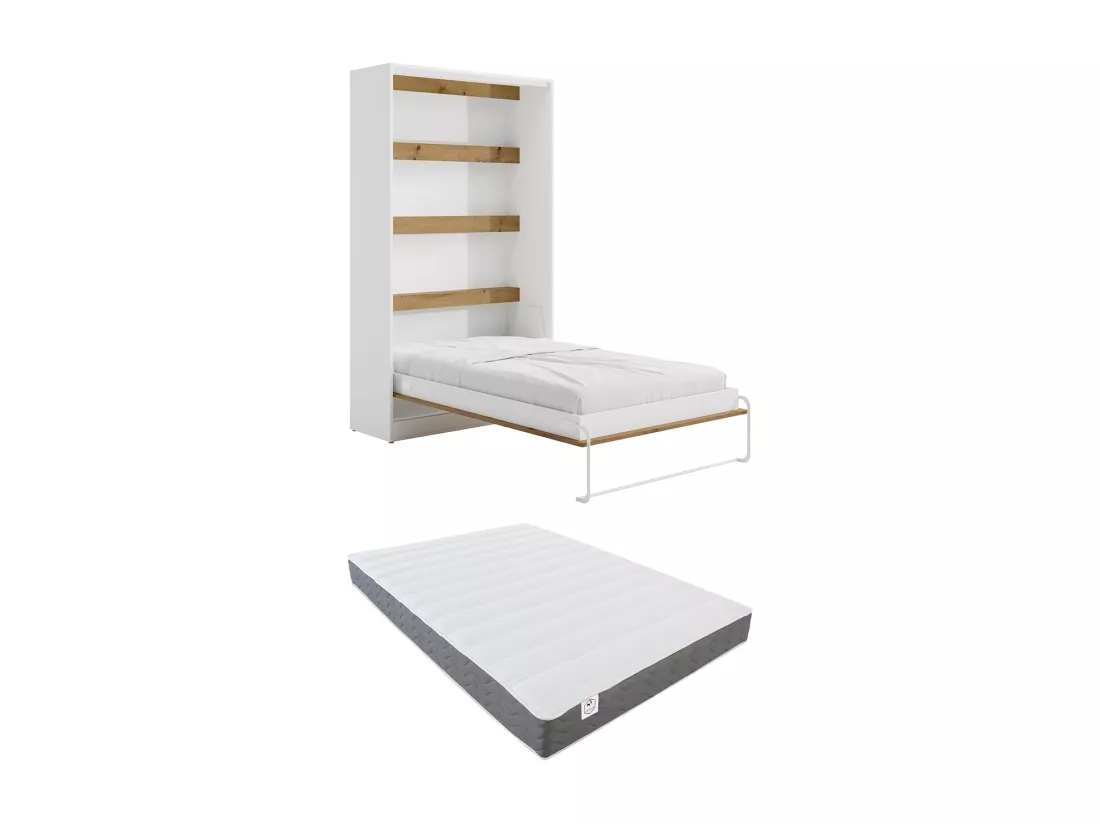 Lit escamotable 120 x 200 cm - Ouverture verticale manuelle - Avec LEDs - Blanc et naturel + Matelas - RAPILI