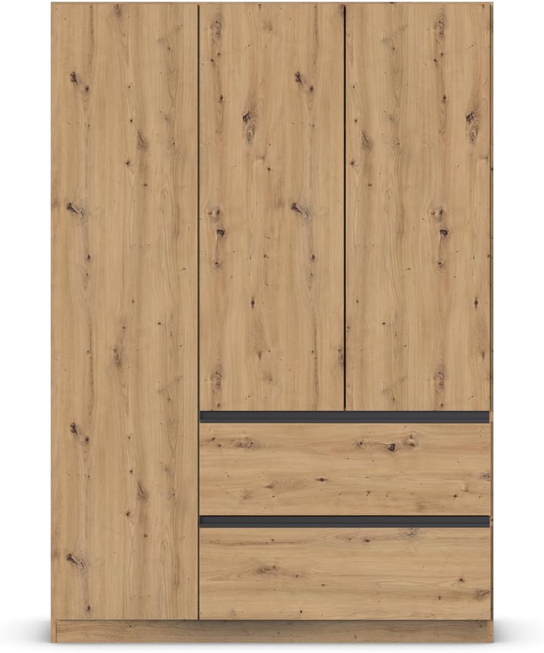 Rauch Möbel Costa, Kleiderschrank für Schlafzimmer, Kinderzimmer, Babyzimmer, Flur, 3-türig, 2 Schubladen, Push-to-Open, Farbe Eiche Artisan, Holz, Griffprofil Grau metallic, Breite 136 cm
