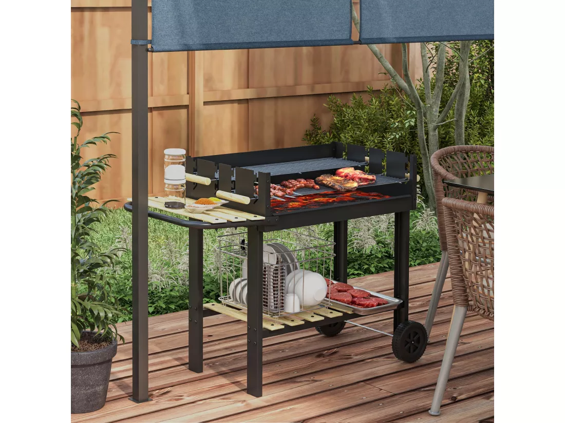 Barbecue à charbon sur pied double grille réglable 2 roues 2 étagères noir