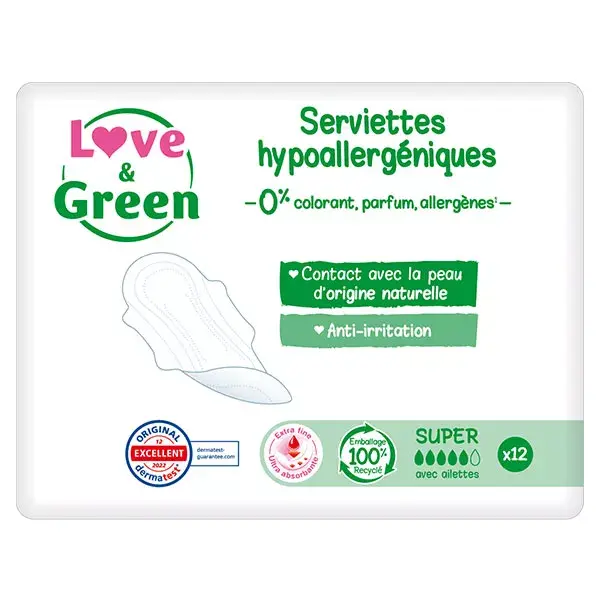 Absorventes hipoalergênicos Love & Green, pacote com 12 unidades
