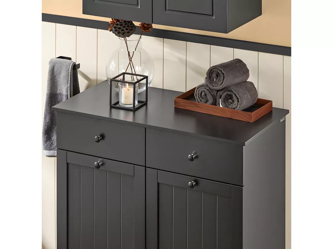 SoBuy Meuble Bas de Salle de Bain Armoire Toilette avec 2 Tiroirs et 2 Paniers à Linge Meuble de Rangement Coffre à Linge L78xP38xH91cm, Noir, BZR33-SCH